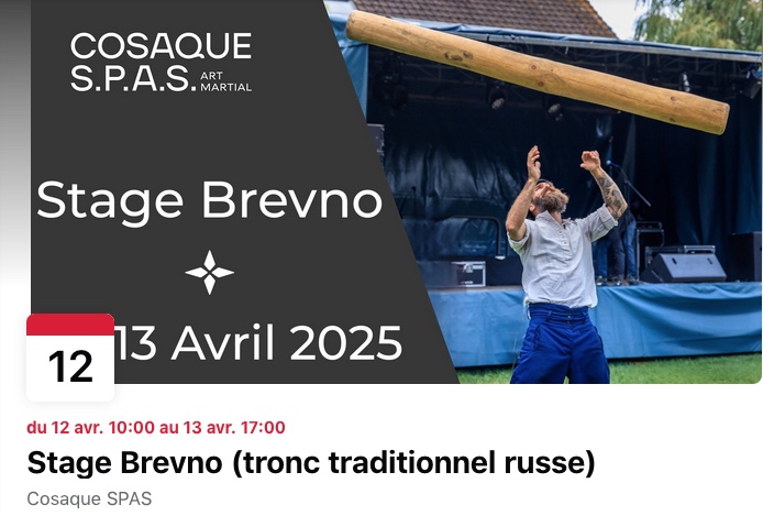 Affiche. QG du Cosaque S.P.A.S. à Longpont sur Orge. Stage Brevno - tronc traditionnel russe. 2025-04-12